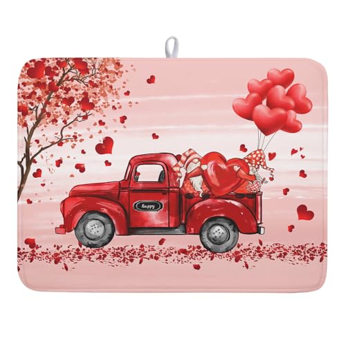 Valentine's Day Dish Drying Mats for Kitchen Counter, Happy Valentine's Day Dish Mat Absorbent Reversible Microfiber Dish Drying Pad Love Kitche Mat Dish Drainer Rack Mats for Coffee Bar 18"x24" - color: Valentine's Love Truck, size: 18" x 24"
