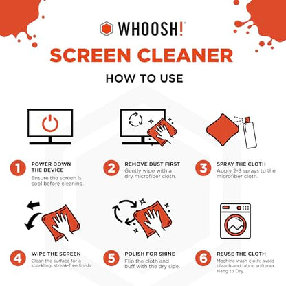 WHOOSH! Screen Shine Duo - Screen Cleaner Spray for iPad, Monitor, Laptop, MacBook - 3.4 oz & 0.3 oz Bottles with 2 Microfiber Cloths - Portable Electronic Cleaning Kit for Travel, Office, and Home - size: 3.7 Fl Oz (Pack of 1)