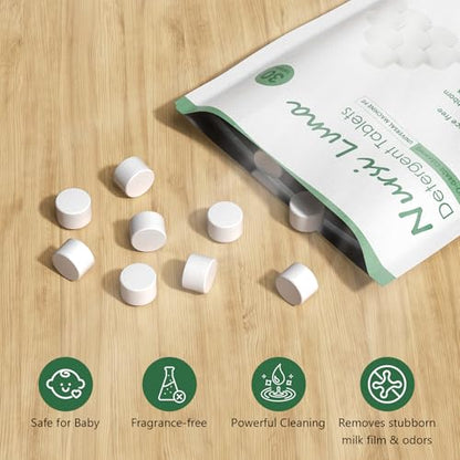 Nursi Luna Detergent Tablets for All Brands Baby Bottle Washers, 150 Count Gentle Formula Baby Bottle Washer Tablets, Fast-Dissolving, Efficiency Removes Milk Residue & Odor