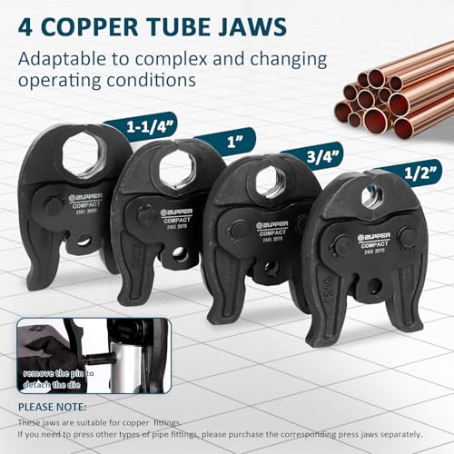 ZUPPER Compact Press Tool Kit for 1/2"to 1-1/4" Copper Pipes | Compatible with Propress 18V Electric Pipe Crimping Tool Brushless Motor 2pcs 2Ah Battery - size: 4 Jaws 1/2" to 1-1/4" fit MP2430
