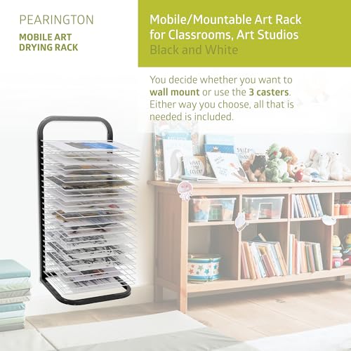 Pearington 25-Shelf Mobile/Wall Mountable Art Drying Rack for Art Studios & Classrooms, 13" D x 17.5" W x 39.4" H, Black/White - color: Black, size: 25 Shelves