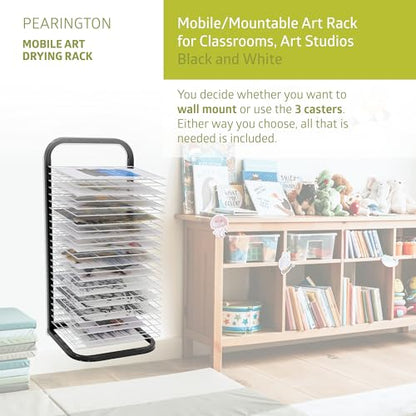 Pearington 25-Shelf Mobile/Wall Mountable Art Drying Rack for Art Studios & Classrooms, 13" D x 17.5" W x 39.4" H, Black/White - color: Black, size: 25 Shelves