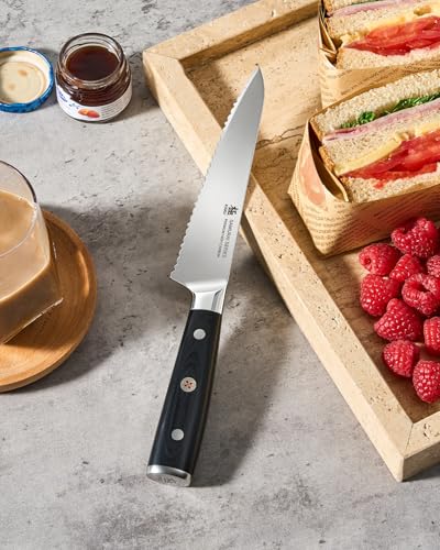 KYOKU 5.5 in. Serrated Utility Knife, Samurai Series Japanese Utility Chef Knife with Pakkawood Handle, German 1.4116 Stainless Steel Full Tang Sandwich Tomato Knife with Protective Sheath & Gift Box - size: 5.5", style: Utility Knife