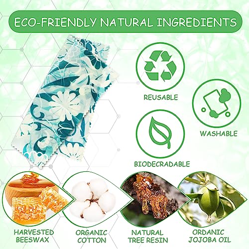 Reusable Beeswax Wrap, 4 Pack Eco-Friendly Beeswax Wraps For Food, Organic, Sustainable, Biodegradable, Zero Waste, Plastic-Free Food Storage (Flowers and Leaves)