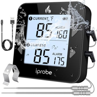 Dual Probe Digital Meat Thermometer - Waterproof, Rechargeable, Bright LCD, Magnetic, Suitable for BBQ, Grill, Smoker, and Oven - color: Black