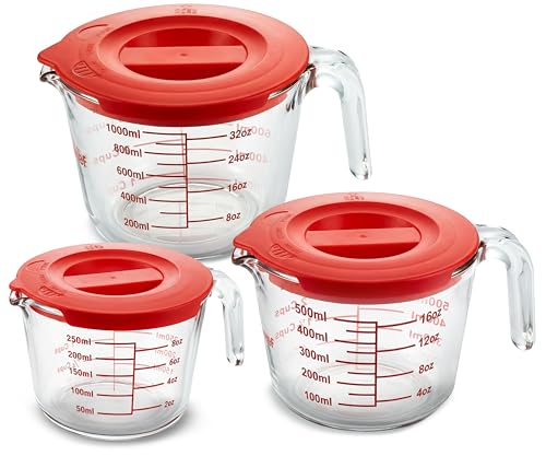 NutriChef 1,2 and 4 Cups Glass Measuring Cup Set with Lids (8, 17 and 34 oz) - Heat-Resistant Borosilicate Liquid Measure Cups with Easy-Read Scale for Cooking, Baking & Food Storage, Dishwasher Safe - size: 3 pc set with lids