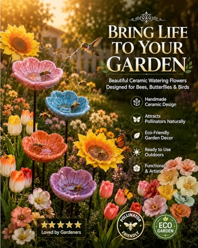 Bee Watering Station for Garden Cups Bird Butterfly Bees Ceramic Drinking and Water Bath Feeder Cup Blossoms Flowers Shaped Design Poppies Bowl Wildlife Feeding 5PCS Watring Pollinator (5PCS-E) - color: 5PCS-E