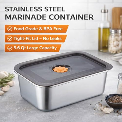 2 Pack Stainless Steel Marinade Containers with Lid, 5.6 Qt Meat Marinating & Brining Containers, Food Grade BPA Free Brisket Brine Tub, Dishwasher Safe Meat Container for BBQ & Food Storage
