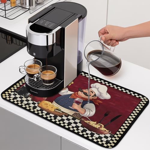 Retro Cartoon Chef Dish Drying Mats for Kitchen Counter, Vintage Wine Cheese Farmhouse Traditional Red Absorbent Coffee Bar Mat with Non-slip Rubber Backed Quick Drying Dish Rack Pad 16"x24" - color: Burgundy, Cream, Tan, size: 24" x 16"