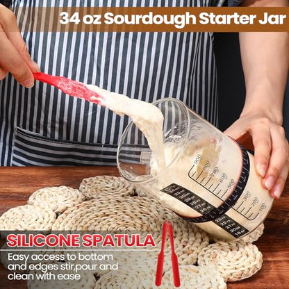 Potchen 2 Set Sourdough Bread Starter Kit 34oz Sourdough Starter Kit with Thermometer Scraper Cloth Cover and Lid Wide Mouth Sourough Bread Baking Supplies(Retro Style,Silver)