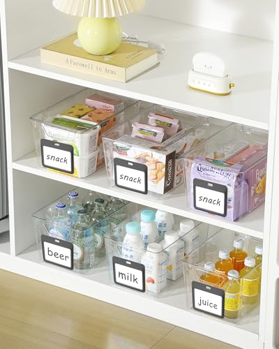 iCASA 6 Pack Clear Plastic Storage Bins with Labels for Pantry Organization | Large Clear Bins for Organizing, Ideal for Shelves, Cabinet, Under Sink, Laundry, Closet, Kitchen, Fridge, Bathroom Organizer