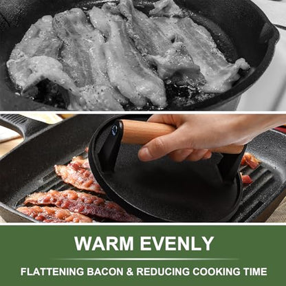EWFEN Burger Press, 7" Round Heavy-Duty Cast Iron Smash Bacon Press Meat Steak with Wood Handle for Griddle, Sandwich, Nonstick Pan - size: Round