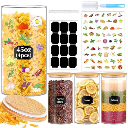 BGraceyy Glass Storage Jars 45 oz 4 Pcs Clear Glass Food Storage Containers with Airtight Bamboo Lid Stackable Kitchen Canisters for Candy, Cookie, Rice, Sugar, Flour, Pasta, Nuts - size: 45 oz 4 pcs