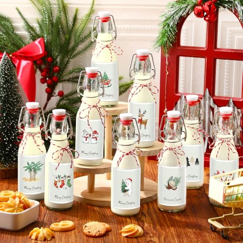 Havawish 16 Pcs Merry Christmas 8 oz Coquito Swing Top Glass Bottles with Airtight Cap Lids Labels Clear Flip Top Bottles with Stoppers for Homemade Christmas Home Brewing Beer Beverages(Fresh) - style: Fresh