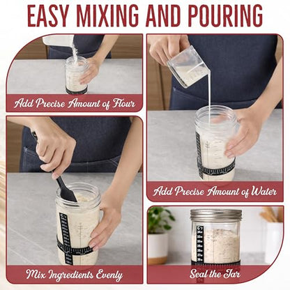 Sourdough Starter Jar 24oz, Wide Mouth Glass Jar with Date Marked Feeding Band, Thermometer, Lid, Cloth Cover & Spatula, Sourdough Bread Baking Supplies, Sour Dough Starter Kit for Beginners (6 Pcs)