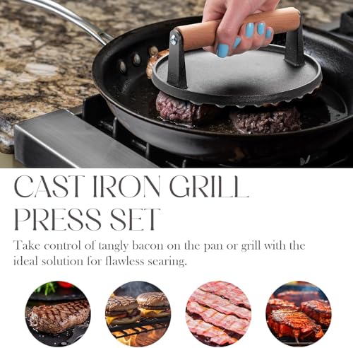 Bellemain Heavy-Duty Cast Iron Grill Press Set – Perfect Smash Burger Press & Steak Tool with Ergonomic Wood Handle for Pro-Level Searing on Griddle, Skillet, or BBQ - size: 7” Round and Rectangle
