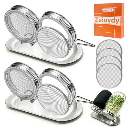 4 Pack Wide Mouth Mason Jar Sprouting Lids, 316 Stainless Steel, 8 Filters | Lids with Built-In Stand, Detachable Mesh Screens, Includes 2 Drip Trays for Easy Sprouting of Alfalfa, Broccoli & More