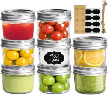 ComSaf Mini Mason Jars 4 oz, 8 Pack Regular Mouth Glass Jars with Lids | BPA-Free Materials, Spice Rack, Small Jam, Honey Samples, Wedding Favors, DIY Candles, Labels and Twine - size: 4oz*8 regular mouth