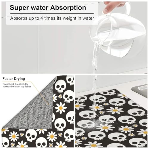 White Skulls Daisy Flowers Dish Drying Mats for Kitchen Counter, Super Absorbent Microfiber Drainer Pad, Washable Reversible Appliance Protector, Everyday Kitchen Must-Have, 16x18 Inch - color: White Skulls Daisy Flowers