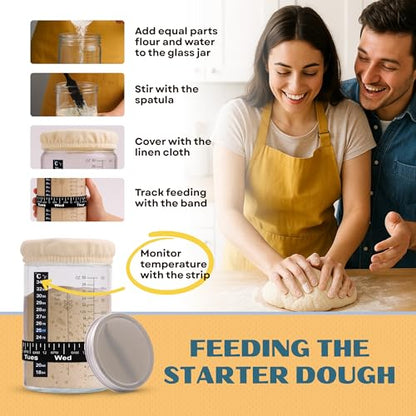 Sourdough Starter Jar Kit 34oz - Wide Mouth Glass Jar with Thermometer Strip, Feeding Day Tracker, Silicone Spatula, Cloth Cover, Measuring Cups & Metal Lid for Homemade Artisan Sourdough Bread Baking