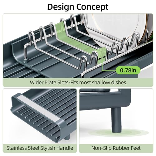 TOOLF Small Dish Drying Rack, Mini Expandable Compact Dish Rack, Slim Extendable Stainless Steel Dish Drainer for Kitchen Countertop, Space Saving Dish Strainer, Dark Slate Gray - color: Dark Slate Gray
