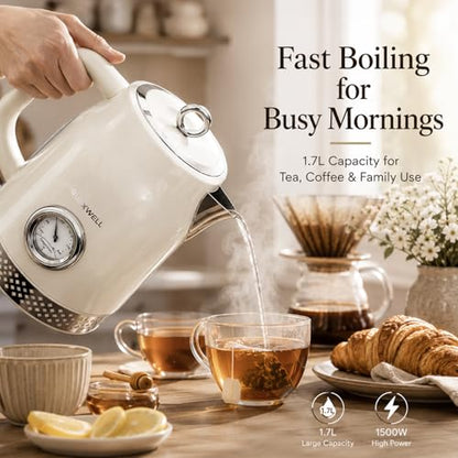 Retro Electric Kettle, 1.7L 304 Stainless Steel Tea Kettle with Temperature Gauge, 1500W Fast Boiling Water Boiler,Auto Shut-Off & Boil-Dry Protection, BPA-Free (Off-white) - color: Off-white
