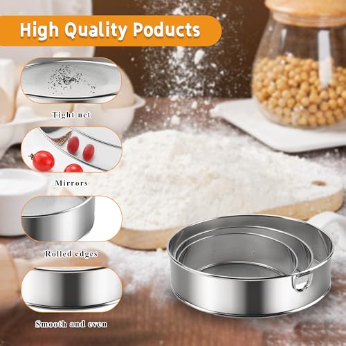 3-Piece Fine Mesh Sieve Set with brush and spatula, Stainless Steel Round Flour Sifter for Baking, Straining and Sifting, Includes 8-Inch 60 Mesh, 6-Inch 40 Mesh and 4-Inch 40 Mesh Sieves