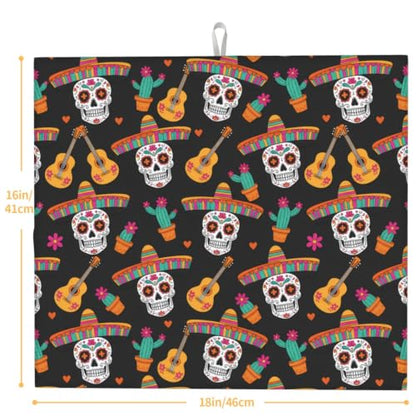 Sugar Skulls Guitars Cacti Dish Drying Mats for Kitchen Counter, Super Absorbent Microfiber Drainer Pad, Washable Reversible Appliance Protector, Everyday Kitchen Must-Have, 16x18 Inch - color: Sugar Skulls Guitars Cacti