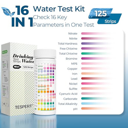 TESPERT Drinking Water Test Strips 125ct 16 in 1 – 30s Quick Screening for Hardness, pH, Iron, Nitrite, Copper, Chlorine, Nitrite, Carbonate,Lead, Alkalinity...Well, Tap, Home, City Water Testing