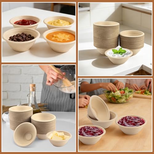 LeonBach 100 Pack 6oz Natural Bagasse Fiber Bowls, Small Disposable Paper Bowls Microwavable Safe Sample Snack Cups Charcuterie Serving Cups for Sauce Portion Condiment Ice Cream Desserts - color: Brown, style: 6oz-100 Pack