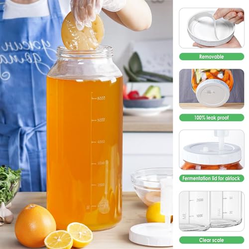 2 Gallon Glass Jar with Airtight Lid, Wide Mouth Wine Making Supplies with 2 Airlocks(7600ML), Pickle Jar, Gallon Fermentation Jar with Clear Scale Marks for Home Brew, Kombucha, Cider, Beer