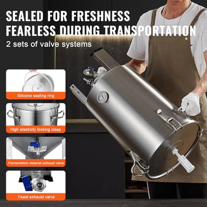Happybuy 304 Stainless Steel Kettle, 8 Gallon Beer Brew Fermentor, Brew Bucket for Home Brewing Supplies, Includes Lid, Handle, Valve, Spigot, Thermometer, with Base