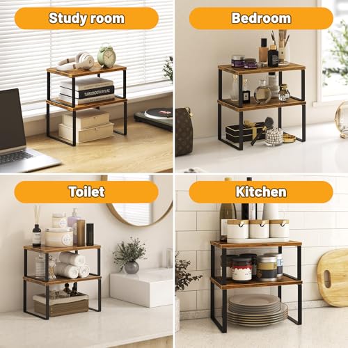 Kitchen Cabinet Organizer Shelf Set of 4, Sturdy Kitchen Counter Shelves with Metal Legs, Stackable Expandable Wood Spice Rack Pantry Cupboard Dish Mug Cup Storage Organizer Shelf, Rustic Brown - color: Rustic Brown