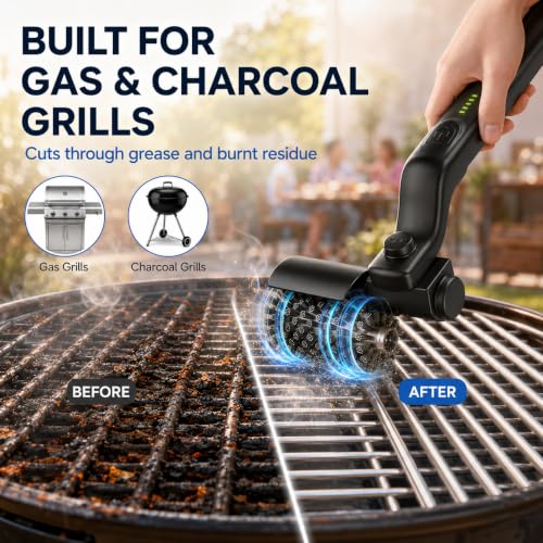 Rechargeable Electric Grill Brush, 3-Speed Cordless BBQ Cleaner with 2 Brush Heads, 8 Adjustable Angles, 360° Splash Shield, Stainless Steel Wire Brush for Gas/Charcoal Grills