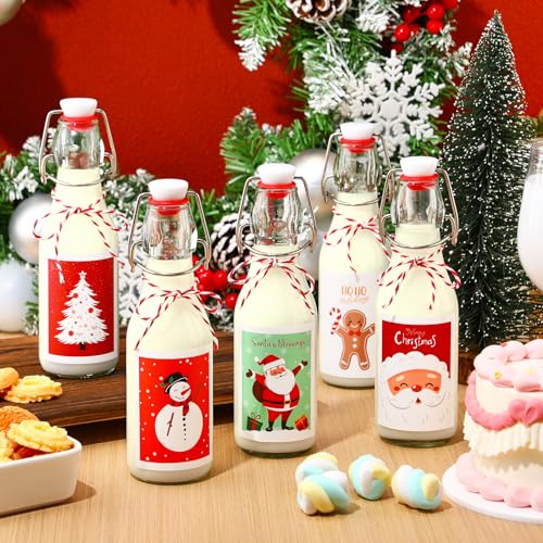 Havawish 16 Pcs Merry Christmas 8 oz Coquito Swing Top Glass Bottles with Airtight Cap Lids Labels Clear Flip Top Bottles with Stoppers for Homemade Christmas Home Brewing Beer Beverages(Cute) - style: Cute