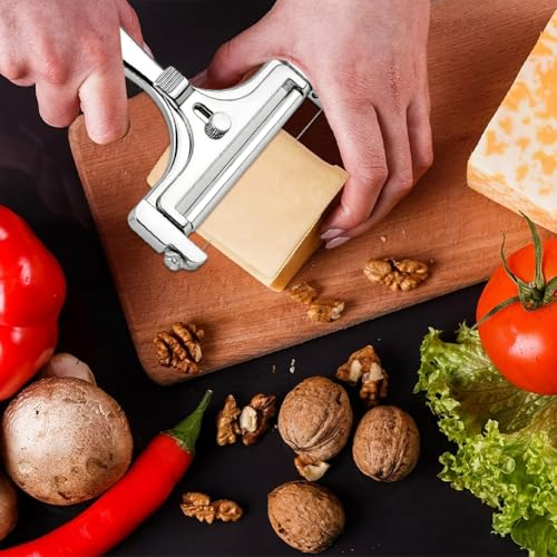 Stainless Steel Wire Cheese Slicer, Adjustable Hand Held Cheese Cutter with 8 Extra Wires & Wrench, Food Slicer for Block Butter Cutter Tools Cheeses Shaver(COLOR:silver)