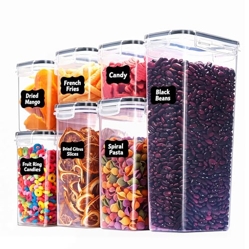 7 PCS Airtight Food Storage Containers with Lids, BPA Free Clear Plastic Kitchen and Pantry Organization and Storage Set for Flour, Sugar, Cereal, Pasta, Includes 7 Labels and Marker - size: 7pcs