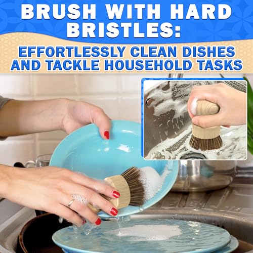 5 Pcs Bamboo Dish Brush Set, Non-Scratch Bristles, Replacement Head | Bamboo Dish Scrubber for Pots, Bottles & Vegetables; Soft for Delicate, Stiff for Stuck-On Messes; Bottle Brush Included
