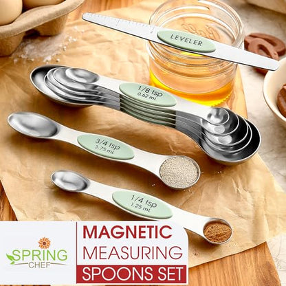 Spring Chef Stainless Steel Magnetic Measuring Spoons Set of 8 with Leveler, Dual Sided Teaspoon & Tablespoon Set, Nesting Metal Kitchen Gadgets for Baking & Cooking, Fits in Spice Jars - Pistachio - color: Pistachio, size: 1-Pack