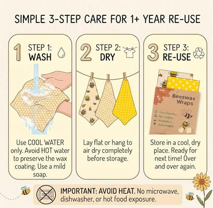 Beeswax Wraps for Food - 9 Pack Reusable Food Wraps | Sustainable, Plastic-Free Alternative to Plastic Wrap & Foil | Sandwich, Cheese, Bread & Bowl Covers for Eco-Friendly Food Storage - color: 9 Pack - Golden Meadow