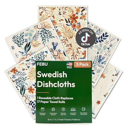 FEBU Swedish Dishcloths for Kitchen | 5 Pack Fresh Flowers Reusable Paper Towels Washable | Swedish Dish Towels | Non-Scratch Cellulose Sponge Cloths | No Odor, Biodegradable Cleaning Cloths - color: Fresh Flowers