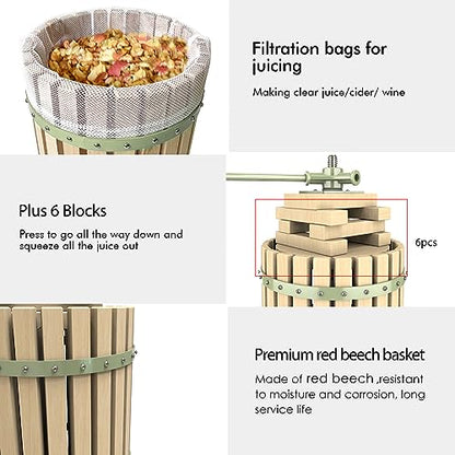 3.2 Gallon Fruit and Wine Press, Manual Cider Press with Solid Beech Wood Basket - color: Green, size: 3.2 Gallon