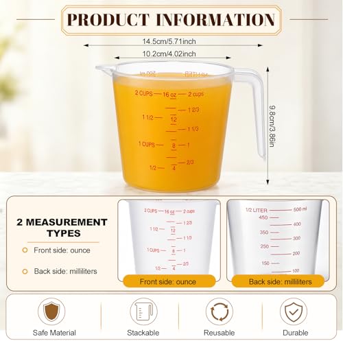 Fabbay 24 Pcs 2 Cup Capacity Plastic Measuring Cup 500 ml Clear Graduated Measuring Cups Plastic Mug with Spout and Handles Ounce and Ml Marking for Recipe Ingredient Flour Water Liquid - color: Red, size: 16 oz