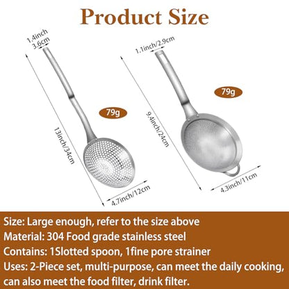 Kifmurase 2PCS Spider Strainer Skimmer Spoon Set Fine Mesh Stainless Steel Sieve Skimmer Ladle Colander with Handle, Large Hole Slotted Colander Frying Spoons for Kitchen Cooking Filter Food Residues