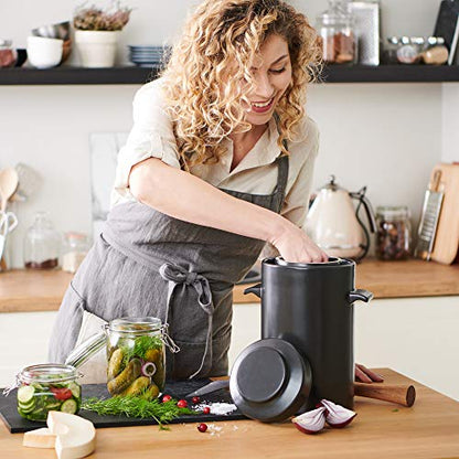 HomeBuddy Fermentation Crock (1 Gallon) with Weights, Acacia Wood Pounder and Recipie Book - Sauerkraut Fermentation Kit, Onggi Kimchi Jar, Fermenting Crock for Pickling or Sourdough - color: Black