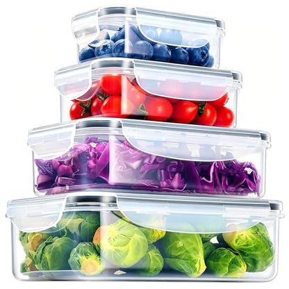 Geedel Food Storage Containers with Lids, Airtight Leakproof Lunch Meal Prep Containers, Stackable Microwave Freezer Dishwasher Safe Plastic Food Containers for Kitchen Organization, Set of 4, Clear