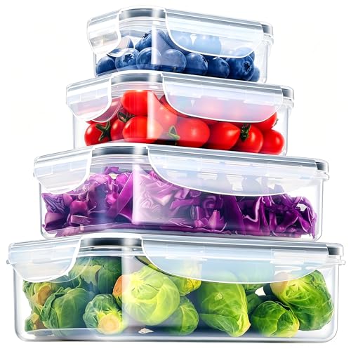 Geedel Food Storage Containers with Lids, Airtight Leakproof Lunch Meal Prep Containers, Stackable Microwave Freezer Dishwasher Safe Plastic Food Containers for Kitchen Organization, Set of 4, Clear