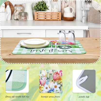 SiliFine 2 Pcs Dish Drying Mat for Kitchen, Spring Floral Absorbent Microfiber Dish Mat Counter 18 x 24 Inch Truck Flower Leaves Draining Green Drying Reusable Washable Pad - style: Spring