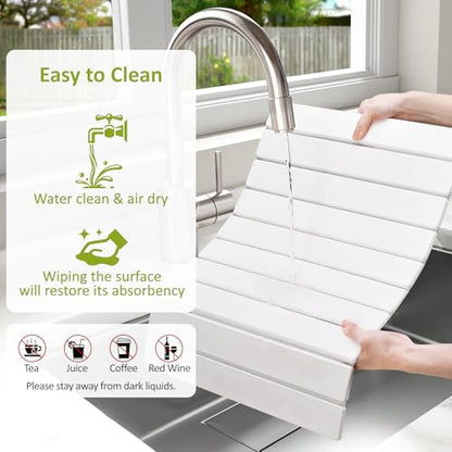 Large Stone Dish Drying Mat for Kitchen Counter, 24"(L)×16"(W), Collapsible Quick Dry Stone Dish Mats, Super Absorbent Diatomaceous Earth Drying Pad for Dishes Bottles Cups, Any Countertop (White) - color: White