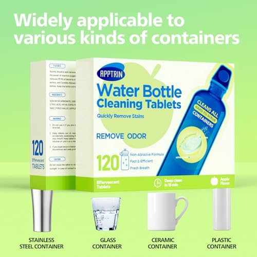 Water Bottle Cleaning Tablets, Bottle Clean Tablet for Hydration Bladders, Stainless Steel, Tumblers, and Glass Bottles, 120 count (Pack of 1), Apple - size: 1 Count (Pack of 120)